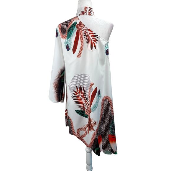 White Green Multi Peacock Asymmetric One Shoulder High Neck Mini Shift Dress M/L - Picture 2 of 12